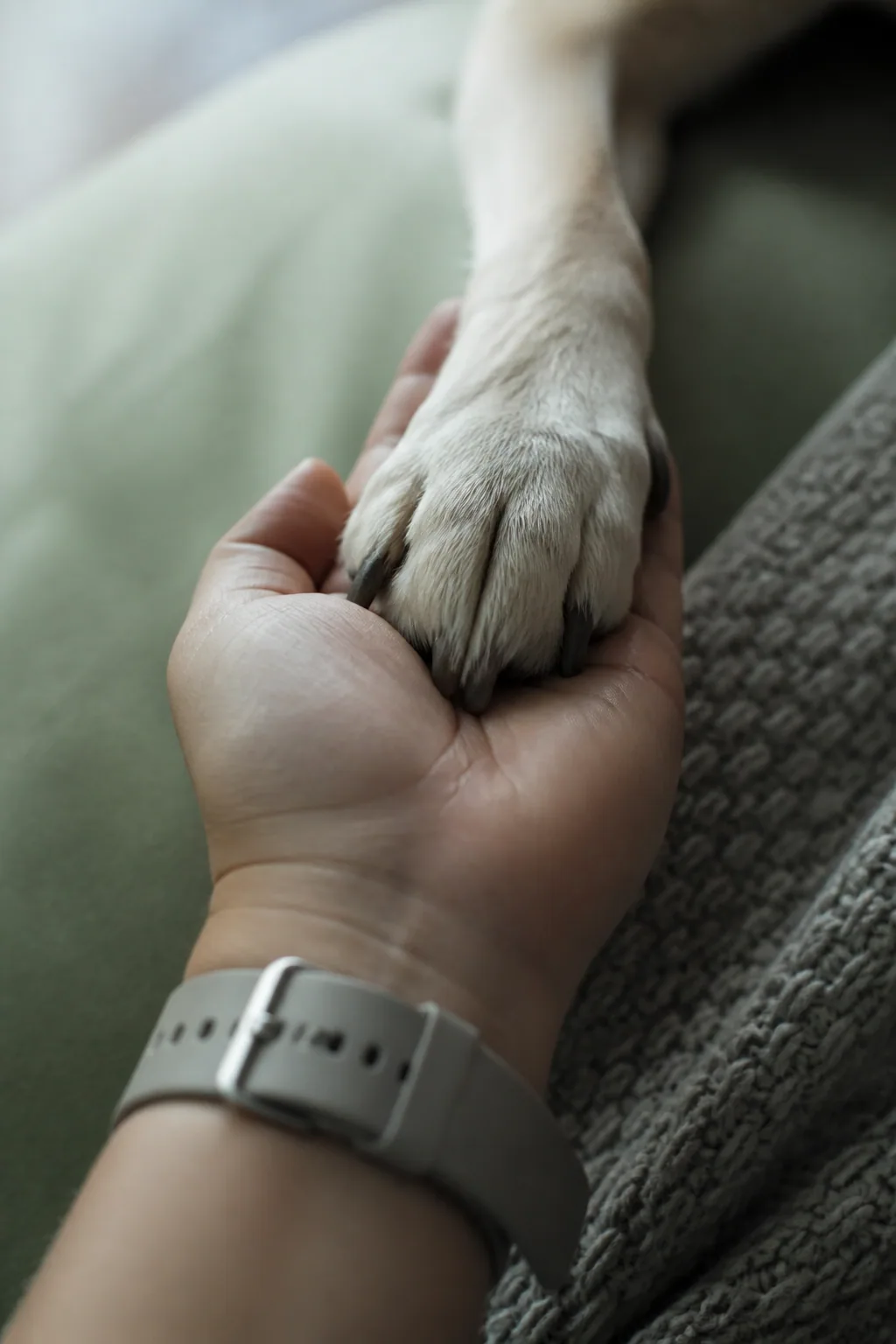 Pata de um cachorro apoiada na mão de seu tutor
